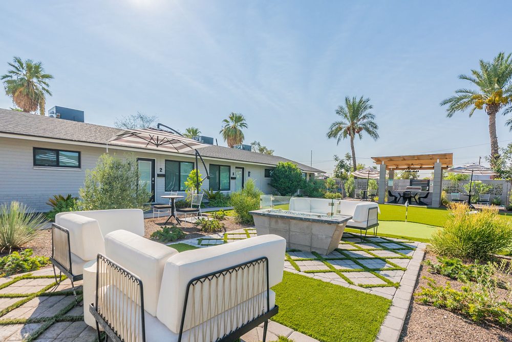 Wide view of the fire pit courtyard at Second Sunrise Recovery